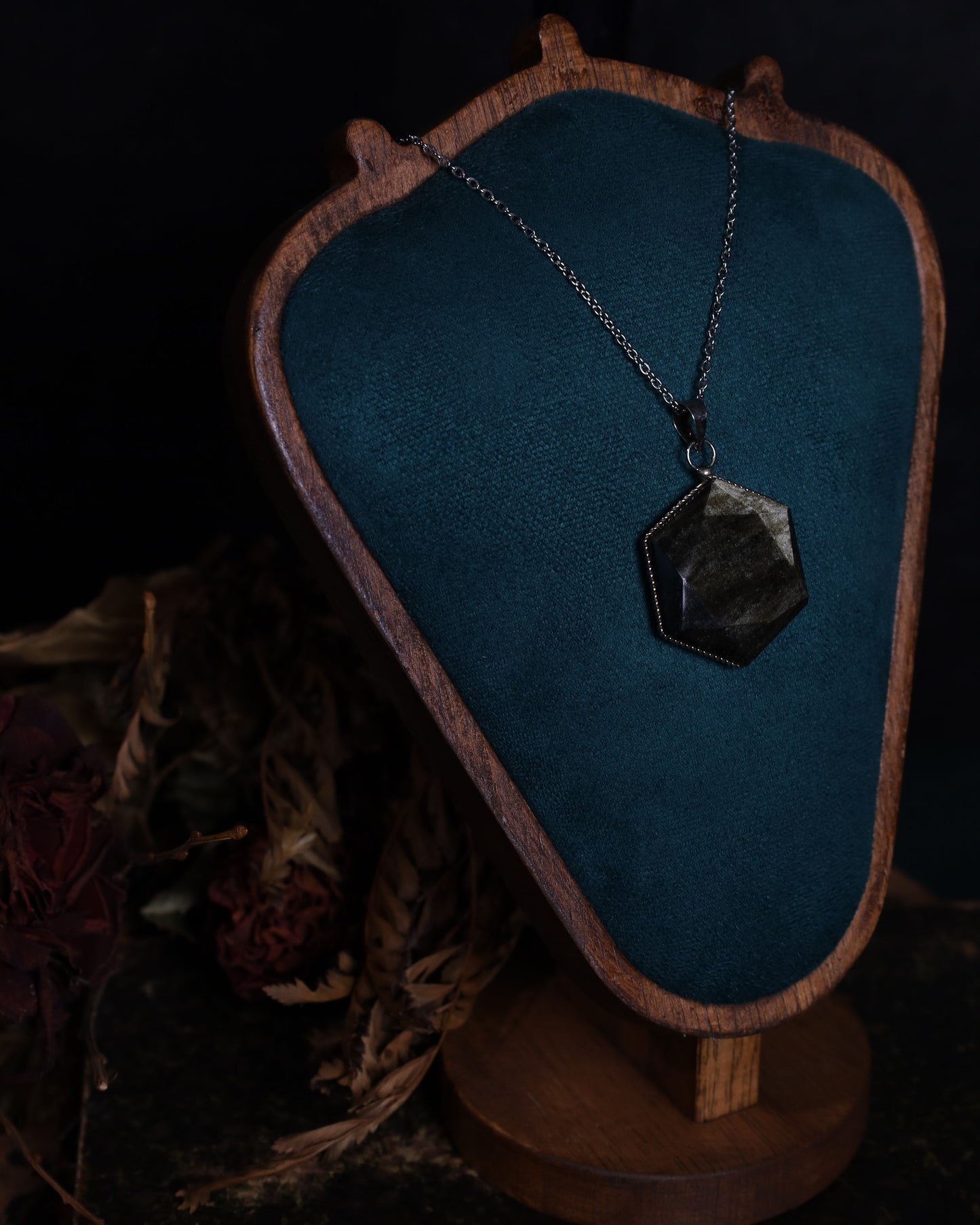 Gold obsidian hexagon pendant with genuine silver setting