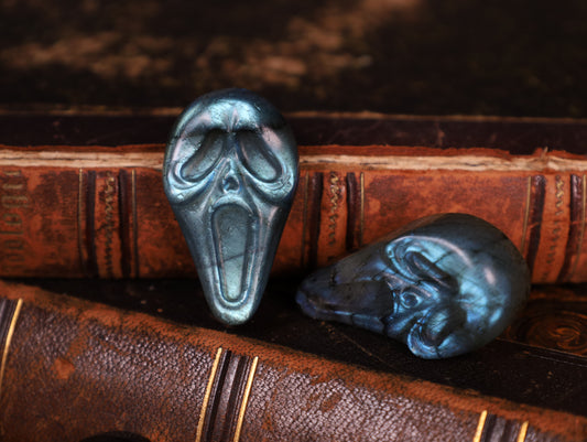 Scream Maske aus Labradorit oder Silber Obsidian | Handgeschnitzte Kristallskulptur