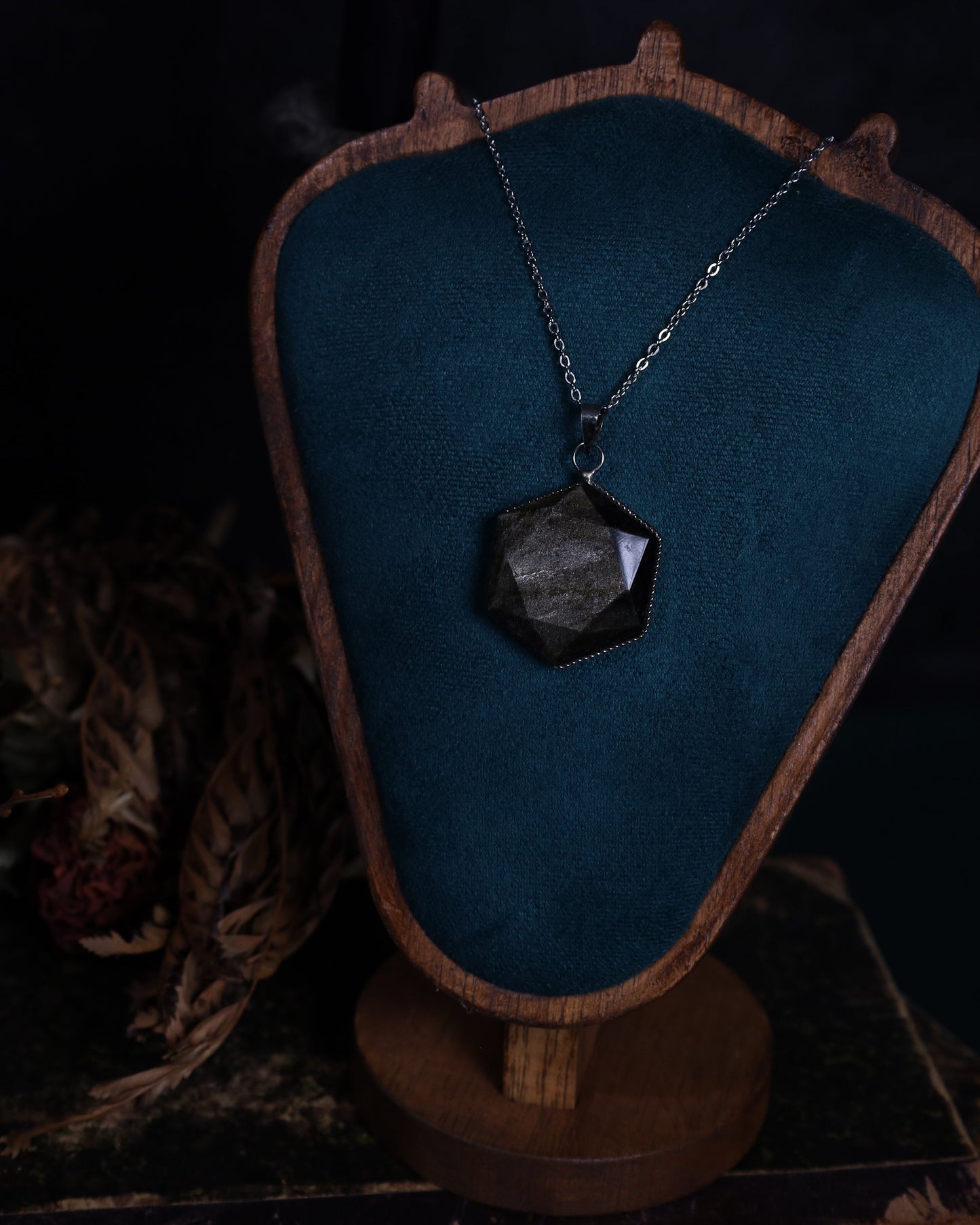 Gold obsidian hexagon pendant with genuine silver setting