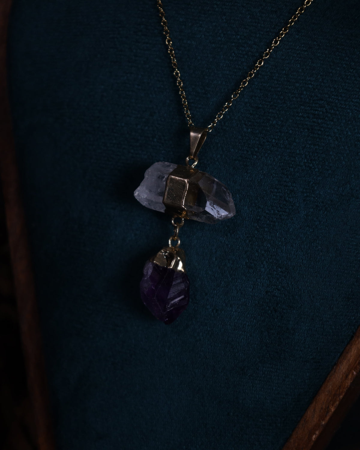 Bergkristall und Amethyst Anhänger mit Goldfassung