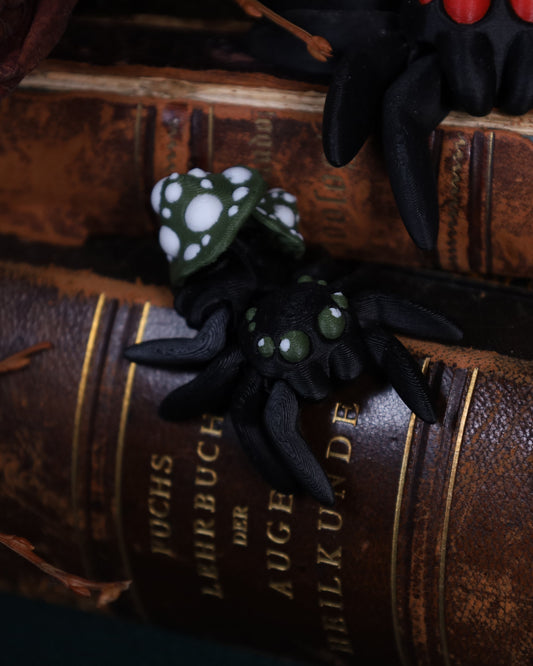 3D-gedruckte Spinnen mit Pilzhut | Rot oder Grün | ca. 4 cm