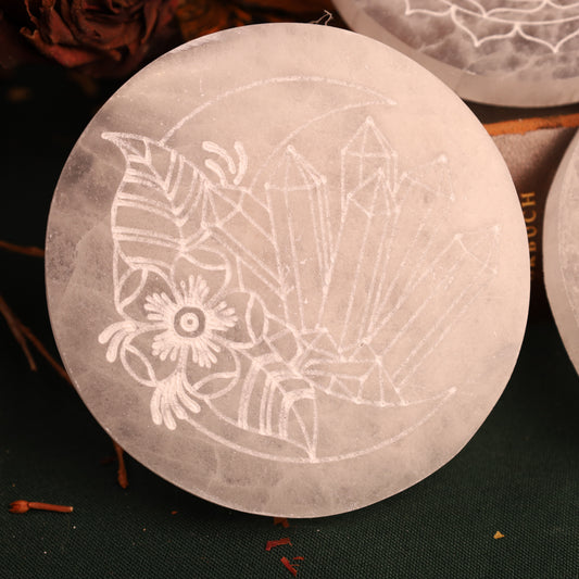 Selenit-Scheiben / Ladeplatten – gravierte Untersetzer ca. 10 cm