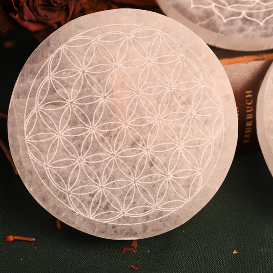 Selenit-Scheiben / Ladeplatten – gravierte Untersetzer ca. 10 cm