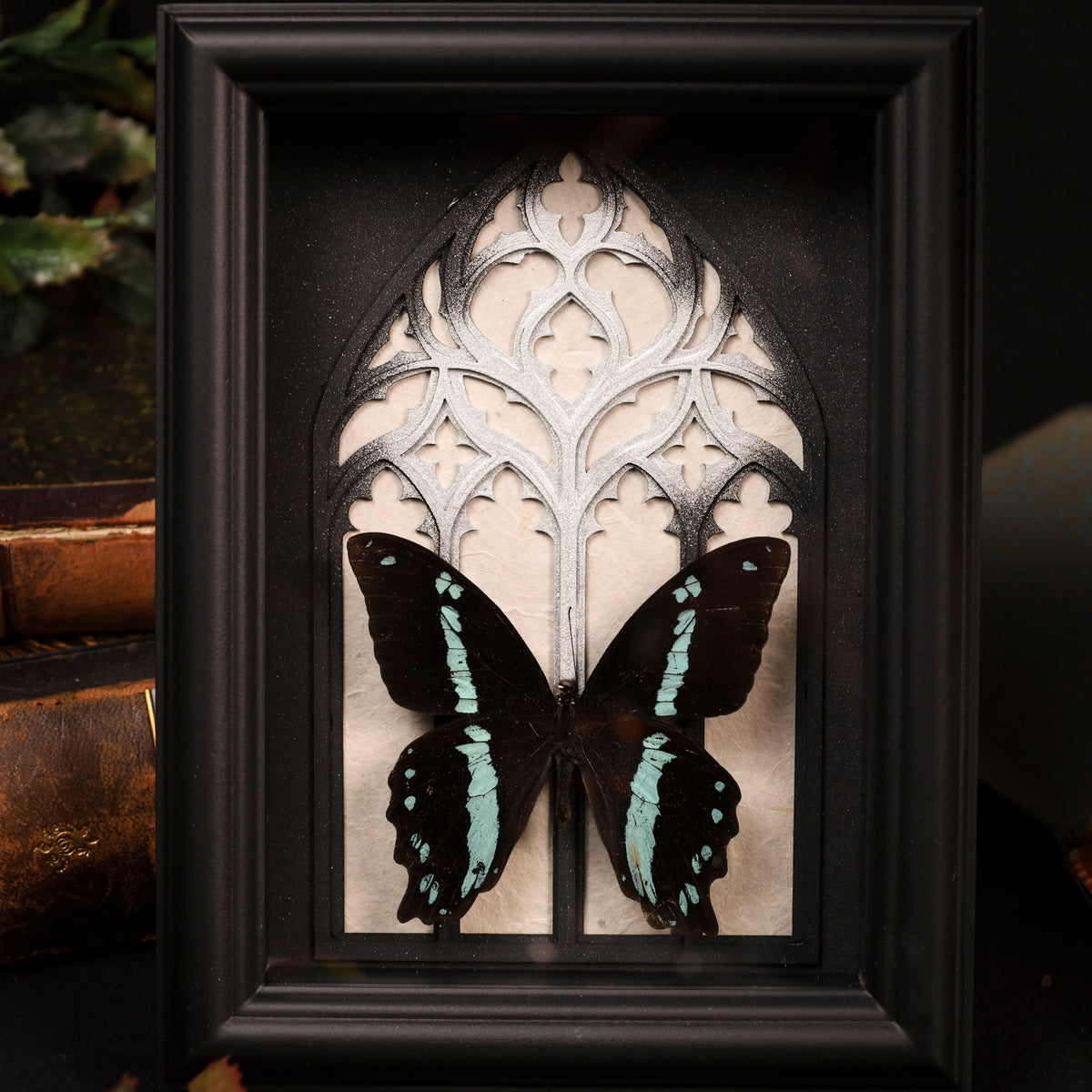 Papilio nireus im Rahmen – Schmetterling vor gotischem Kathedralfenster mit Silberakzent | 15x20cm