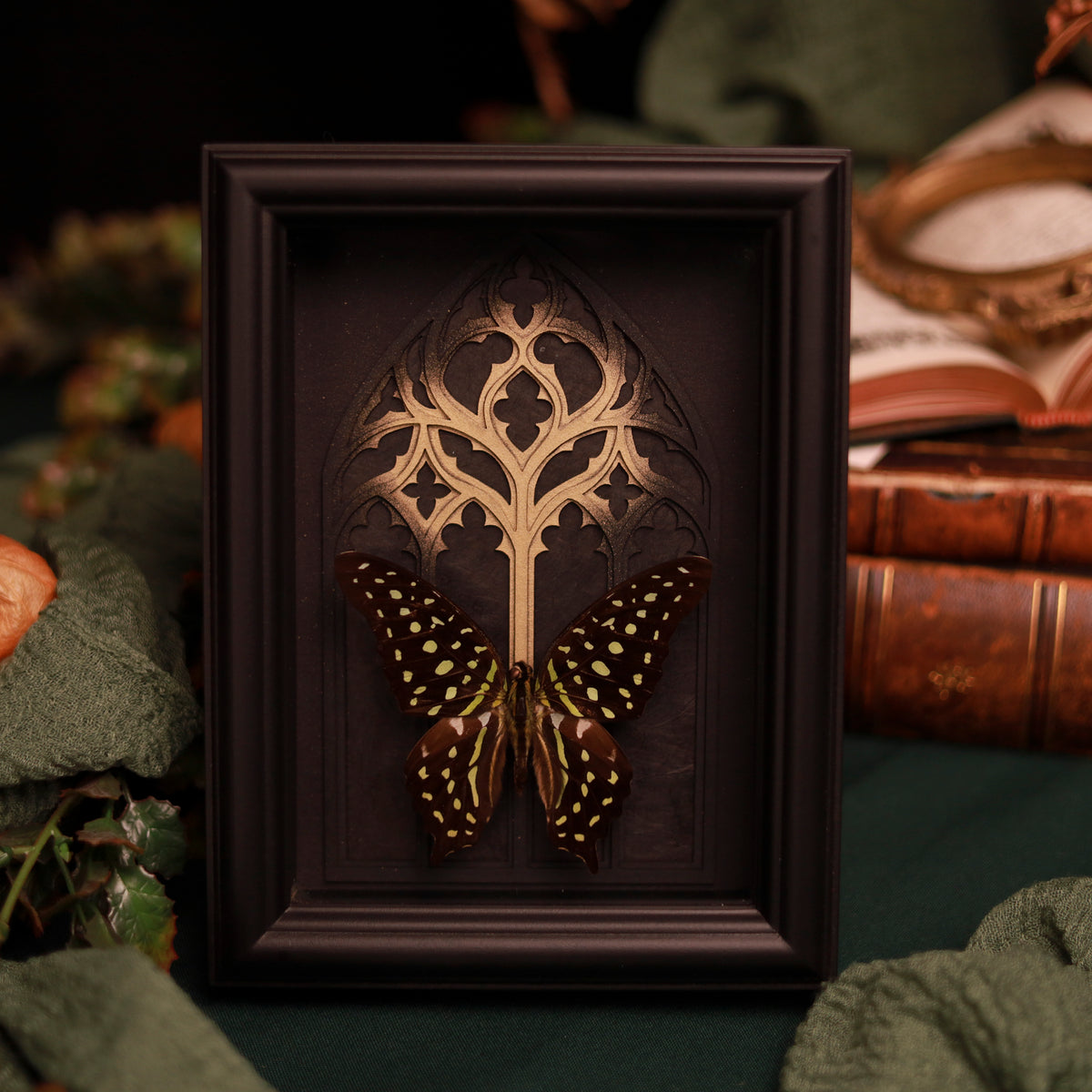 Graphium agamemnon im 15 × 20 cm großen Rahmen mit gotischem Kathedralhintergrund und goldenem Akzent.