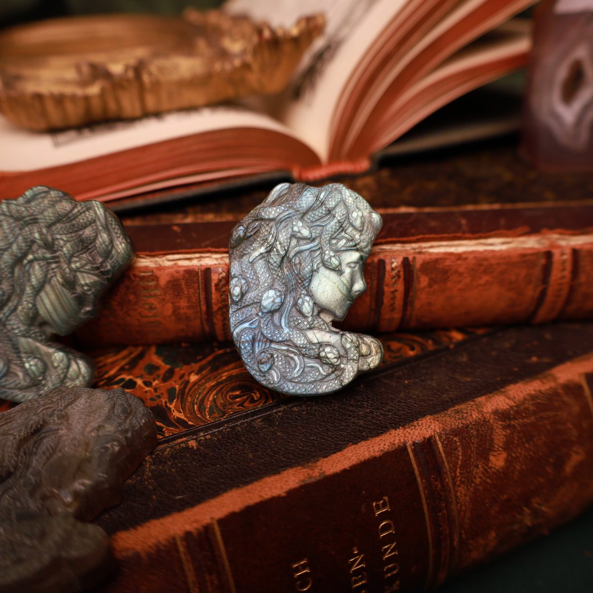 Labradorit-Medusa mit seitlichem Gesicht und fein strukturierten Schlangenhaaren, aufrecht vor alten Büchern; weitere Stücke teilweise sichtbar.